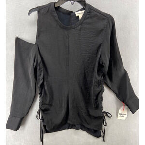 NWT Open Edit Shirt Women's‎ Sz Small Black One Shoulder Ruched Side with Ties